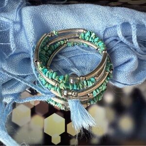 🛍️Turquoise Bead Wrap Bracelet • Silver Tone • Crystal Accents